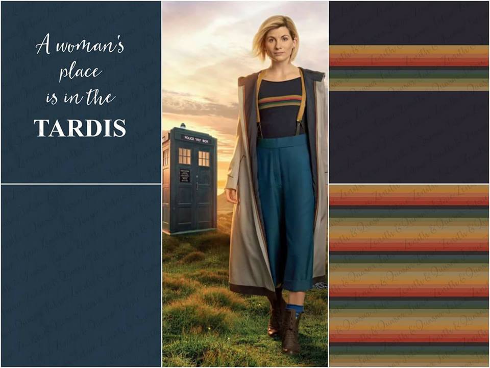 Image from the Z&Q Fabrics FB page - a collage of images of the 13th Doctor and four fabric designs based on her costume.