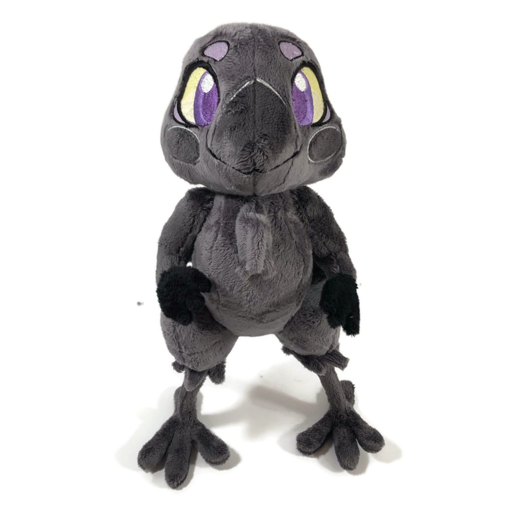 plush gray anthropomorphic crow with embroidered eyes 