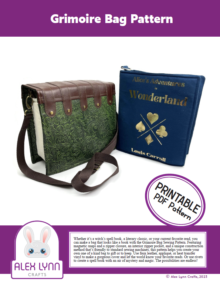 A screenshot of the cover page of the PDF sewing pattern, The Grimoire Bag. The main photo depicts two messenger-style bags that look like books. One is made in tooled green vinyl with a brown spine and rivets, and the other is made in blue canvas with "Alice's Adventures in Wonderland" and "Lewis Carroll" in gold lettering.