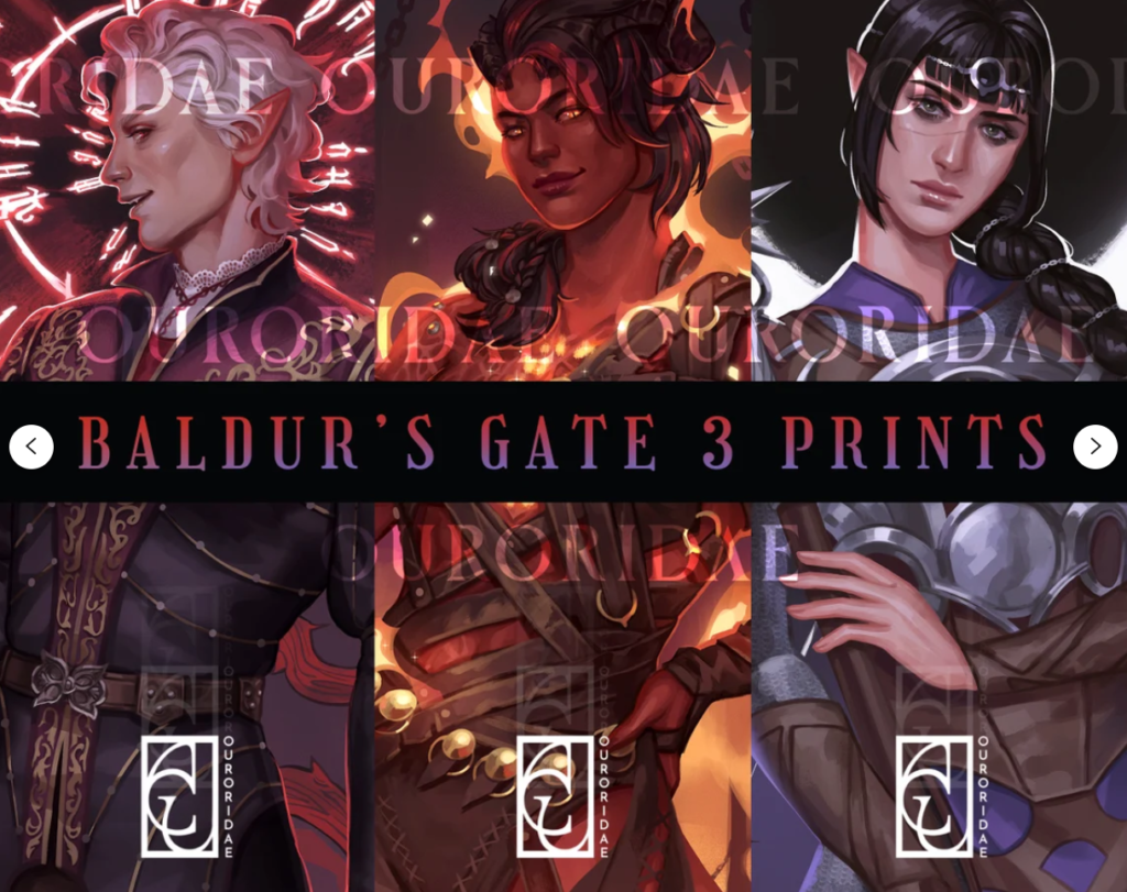 BG3 art prints by Ouroridae featuring Astarion, Karlach, and Shadowheart.