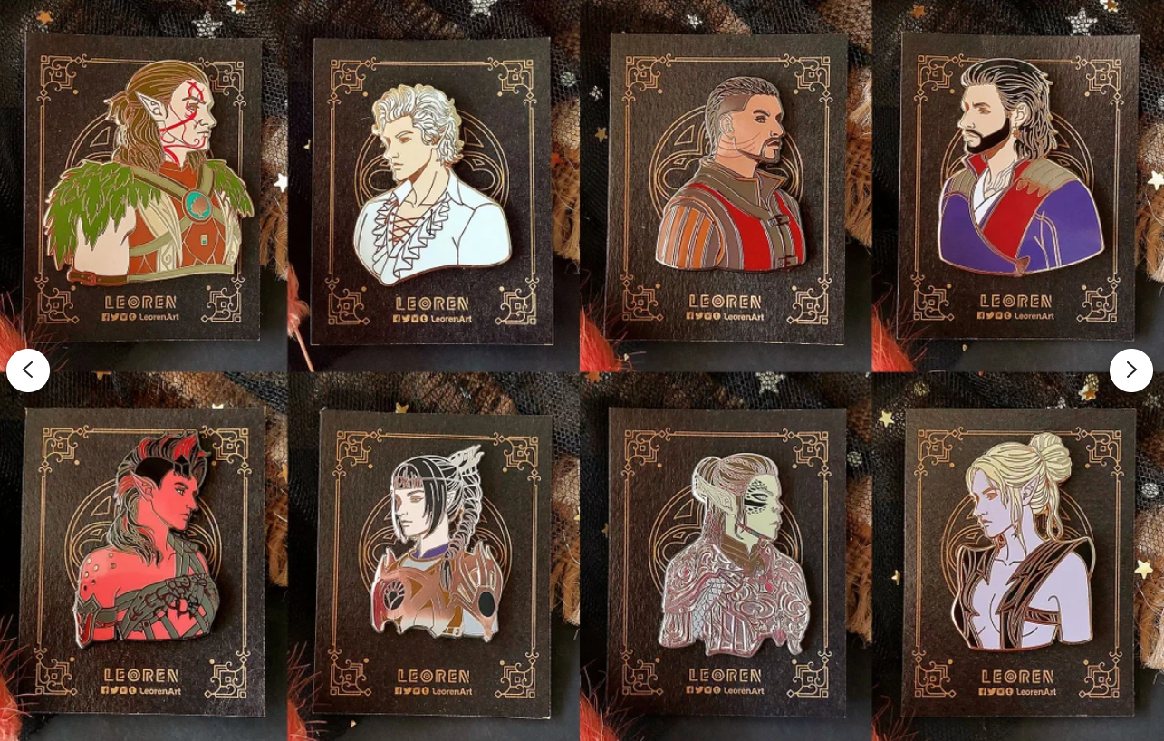 A photo of a set of 8 enamel pins of portraits of the main six BG3 companions plus Halsin and Minthara.