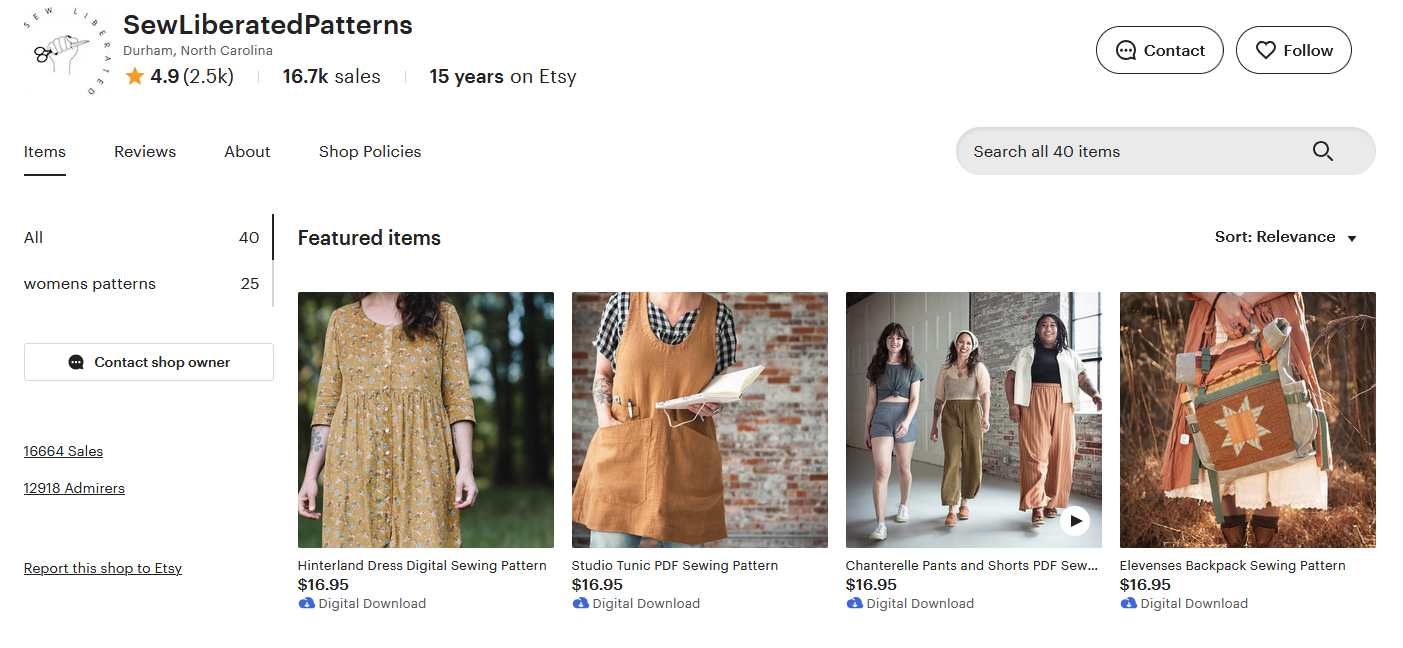 A screenshot of Sew Liberated's Etsy shop page.
